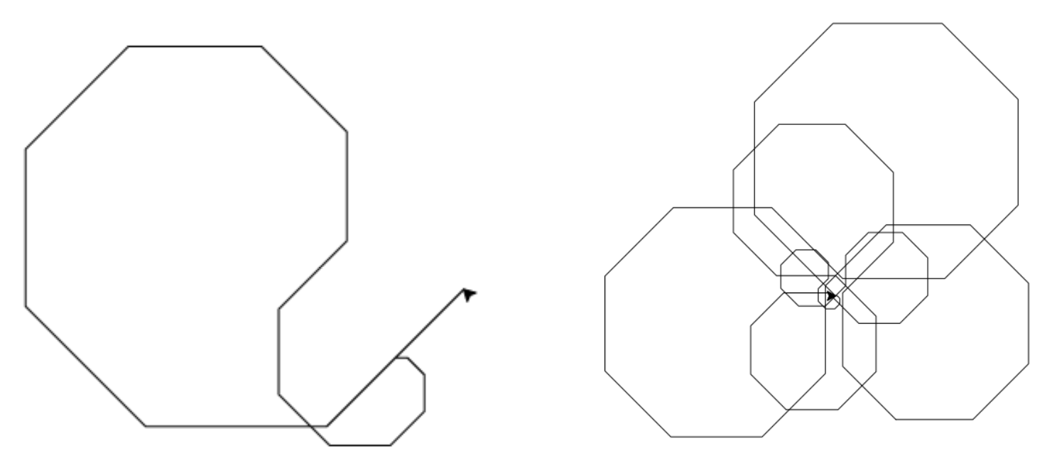 Obrázok 2: Celý jeden vzor (vľavo) a celá cesta (vpravo). Všimnite si malý diagonálny štvorec s vrcholom v počiatku, ktorý cestou opíšeme, vždy na konci jedného vzoru.